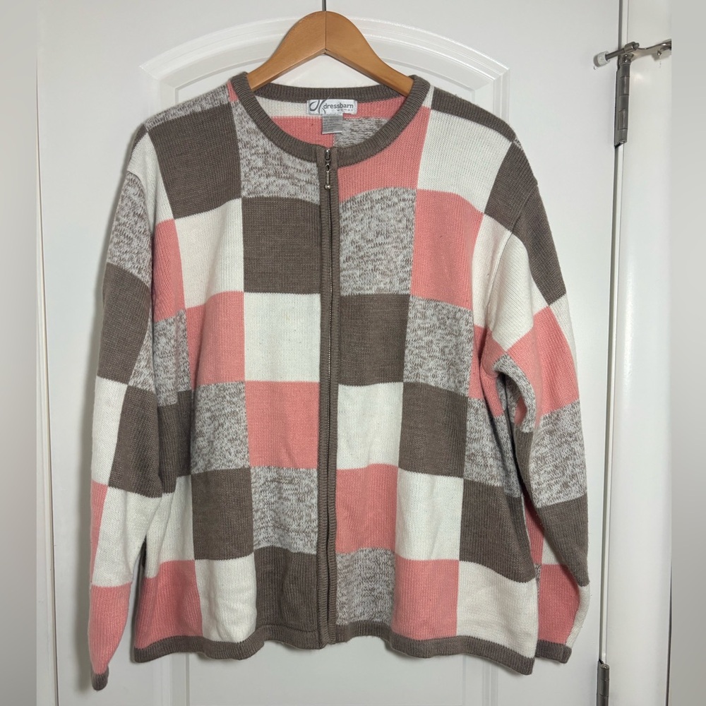 dressbarn Checkerboard Zip Cardigan in Pink, Cream & Brown #29